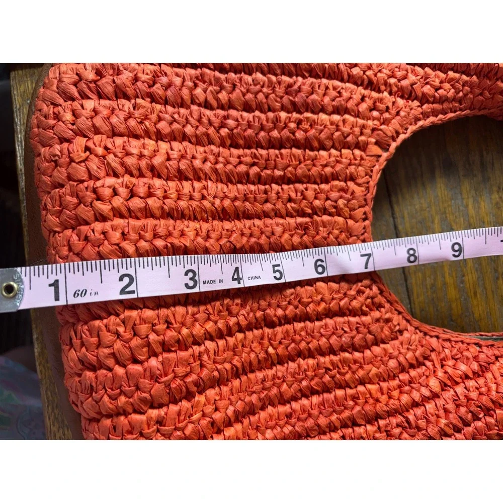 Rodeo Bar Style Raffia Hobo Bag‎ Orange Leather Trim Braided Strap Crescent